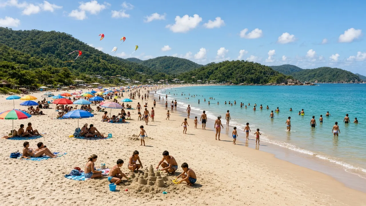 Ilustração gerada por IA: praia de águas calmas com várias famílias e crianças brincando na areia e no mar