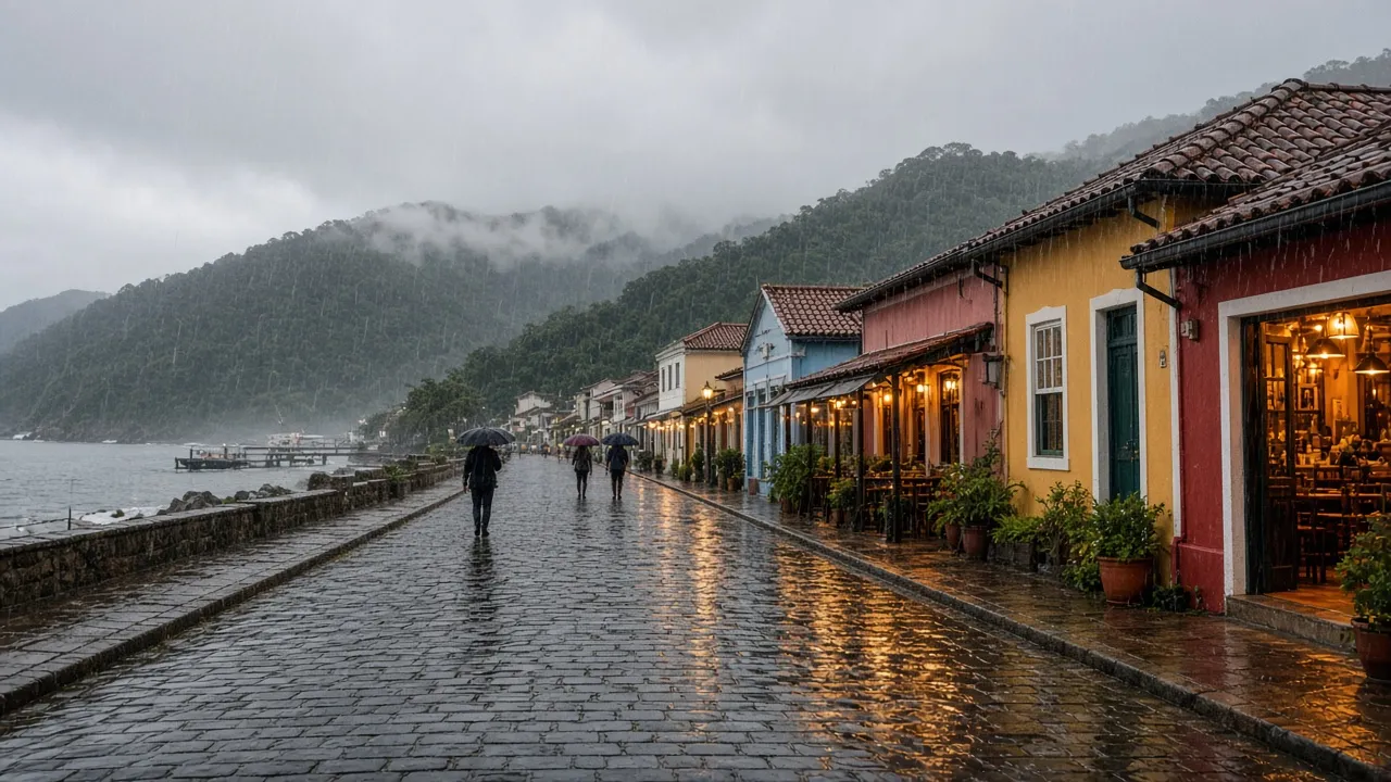 Ilustração gerada por IA: rua de cidade litorânea com casas coloridas e cafés iluminados em um dia de chuva