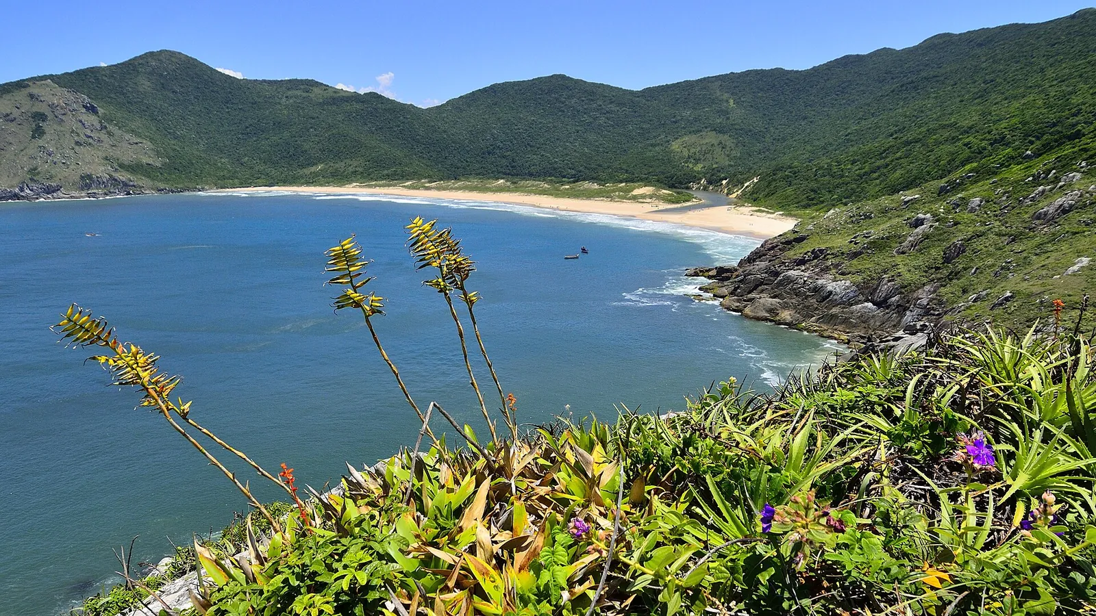 Vista do alto da Praia da Lagoinha do Leste, no sul da Ilha de Santa Catarina, com mar azul, faixa de areia e morros cobertos de mata atlântica