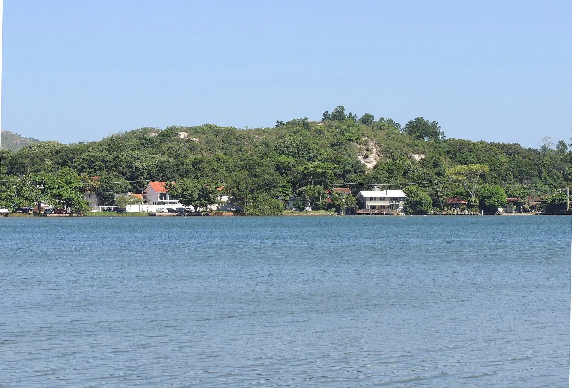 Espelho d'água calmo da Lagoa da Conceição com a margem arborizada e casas ao fundo sob céu azul